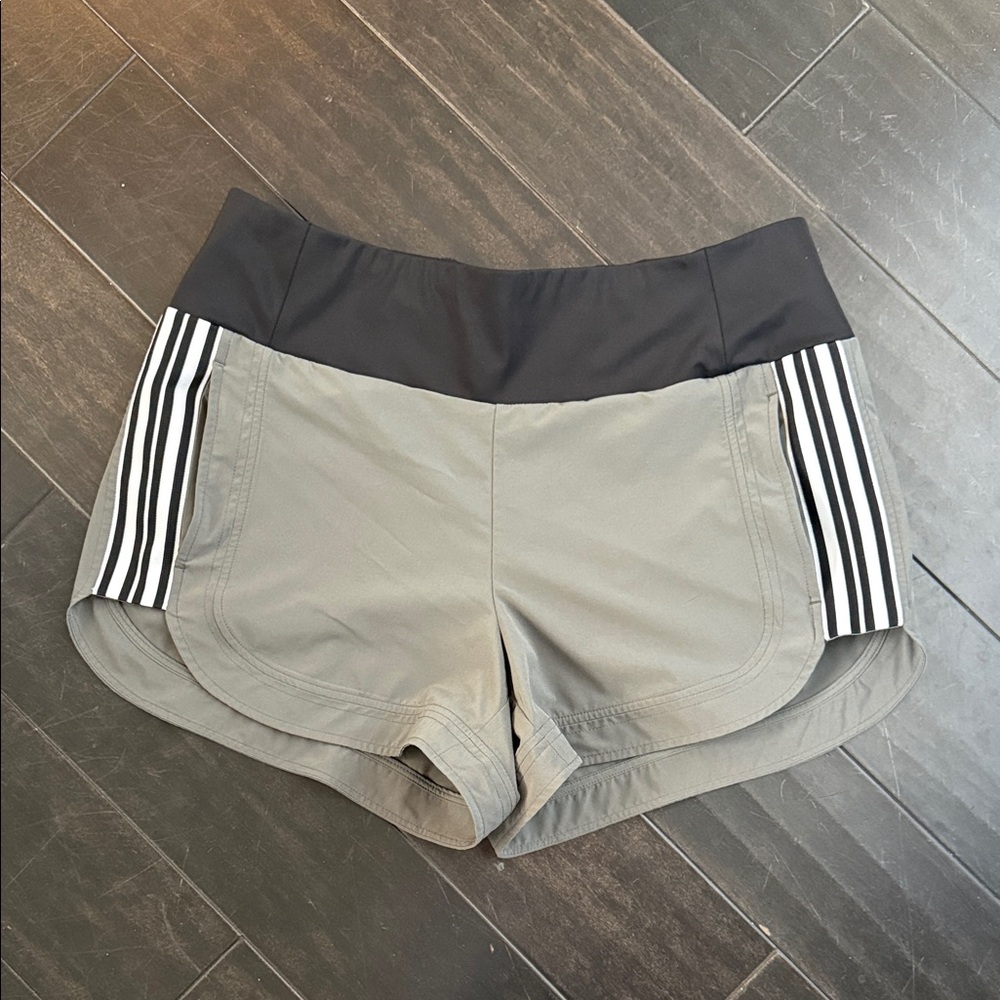Athleta Gray Athletic Shorts with Black Waistband and Stripe Detail